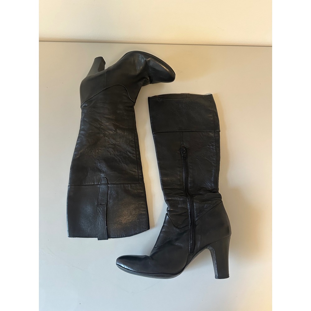 Black Leather Tall Block Heel Pointed Toe Boots